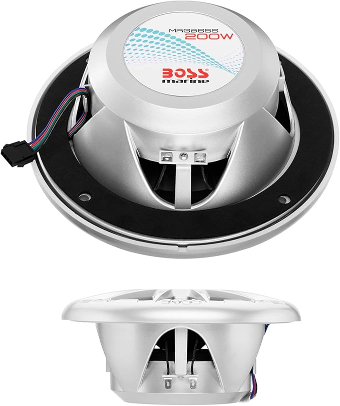 BOSS Audio Systems MRGB65S 6.5 Inch Marine Boat Stereo Speakers - 200 Watts Max (per pair), Coaxial, 2 Way, Full Range, 4 Ohms, Weatherproof, Multi-Color Illumination, Sold In Pairs