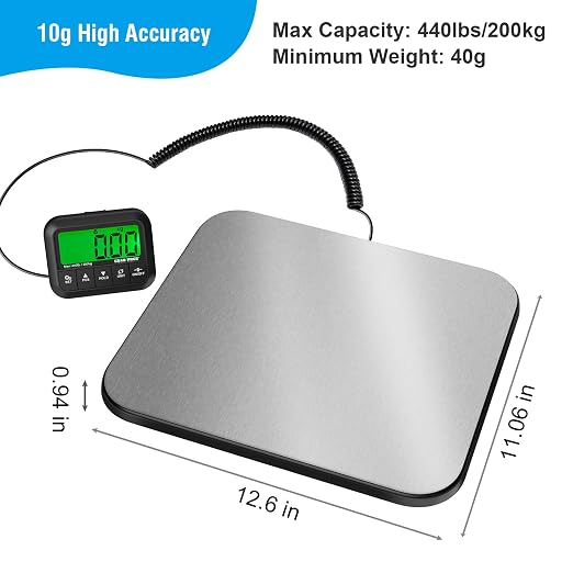 GRAM PRES Shipping Scale, 440 lbs/10g Highly Accurate Postal Scale with Hold/Tare/Pcs, Digital Postage Scale with LCD Display for Packages/Luggage/Post Office/Dog, Battery & USB Cable Included
