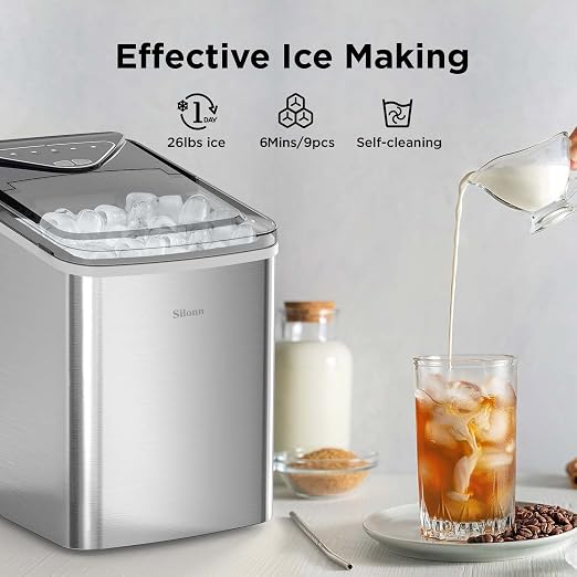 Silonn Ice Makers Countertop, 9 Cubes Ready in 6 Mins, 26lbs in 24Hrs, Self-Cleaning Ice Machine with Ice Scoop and Basket, 2 Sizes of Bullet Ice for Home Kitchen Office Bar Party