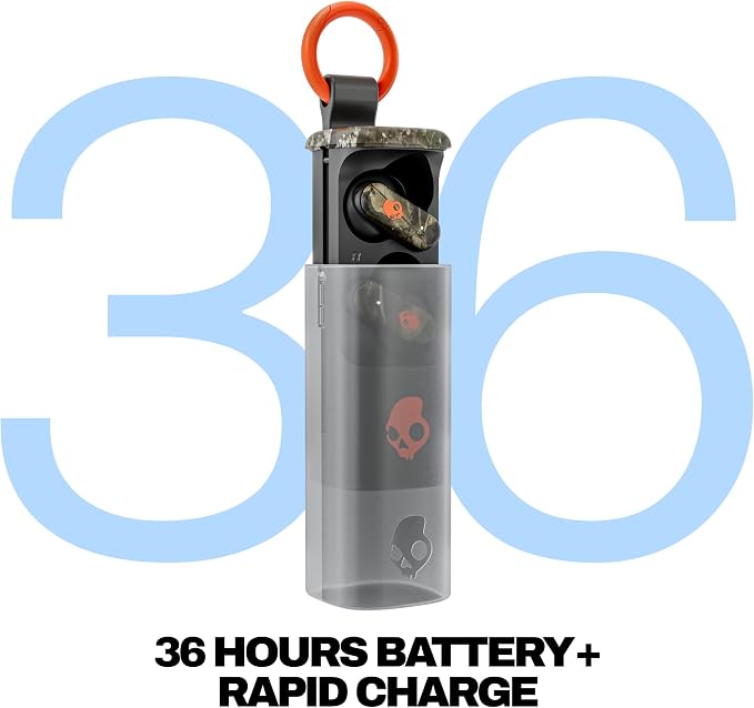 Skullcandy Dime Evo Wireless Earbuds, Bluetooth Headphones, Noise Isolating Fit, Up to 36 Hours Battery, Microphone, Easy Carry with Clip-Anywhere Case - Realtree APX Black/Orange