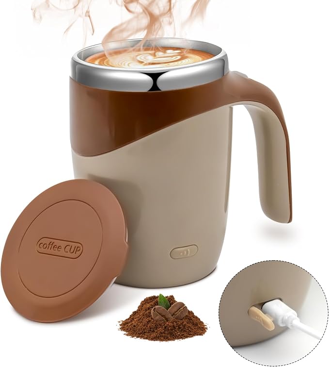 Self Stirring Coffee Mug, Rechargeable Automatic Stirring Mixing Mug, Electric Funny Self Mixing Cup, Stainless Steel Travel Coffee Cup for Office, Home, Kitchen (Brown)