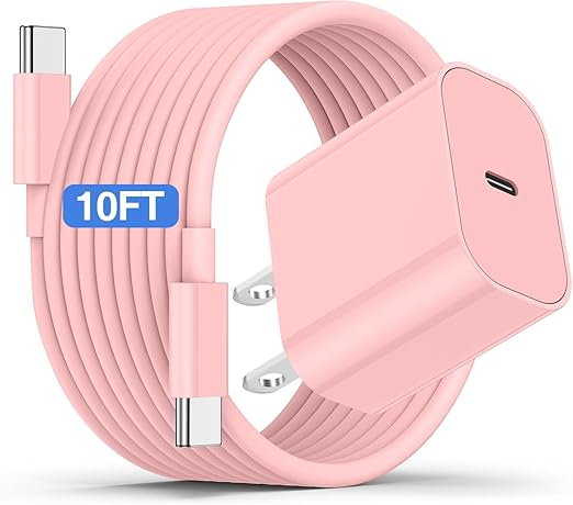 iPhone 17 16 15 Fast Charger and 10ft Type C to C Cable Cord Long, 20W USB C Charging Block Plug for Apple iPhone 17 Pro Max/17 Air/16 Pro/16 Plus/15 Pro/15 Mini/iPad Power Adapter Cube Brick/AirPods