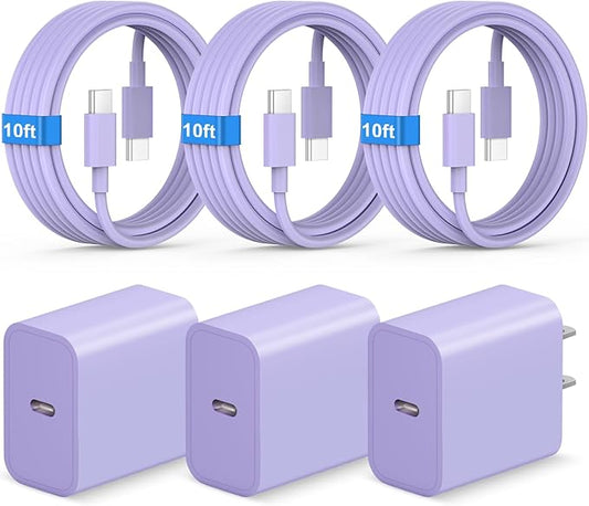 New iPhone 17 16 15 Charger Fast Charging 10FT Long Type C to C Cable with 3 Pack USB C Wall Charger Block Compatible with iPhone 17/17 Pro/17 Pro max/Air, iPhone 16 15 Pro Max/Plus, iPad Pro,Samsung
