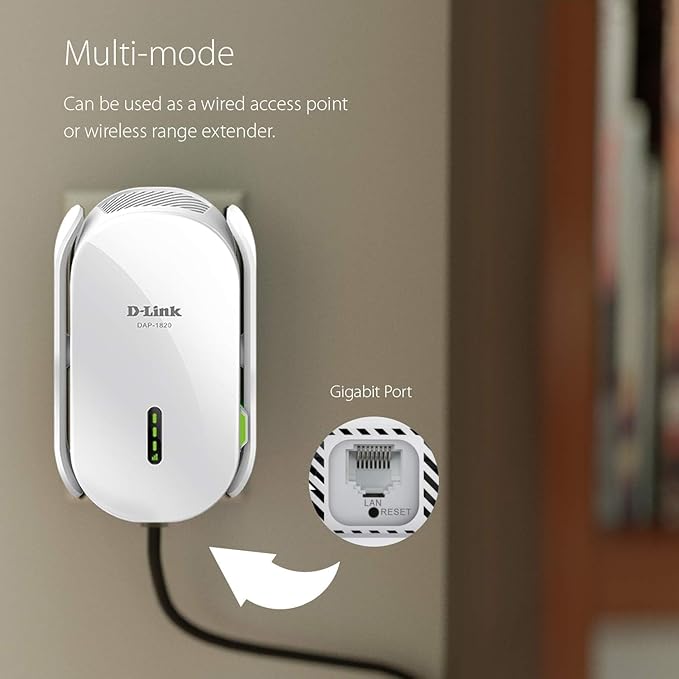 D-Link WiFi Range Extender, AC2000 Mesh Plug In Wall Signal Booster, Cover up to 2600 sq.ft. Dual Band Wireless Repeater Access Point for Smart Home (DAP-1820-US)