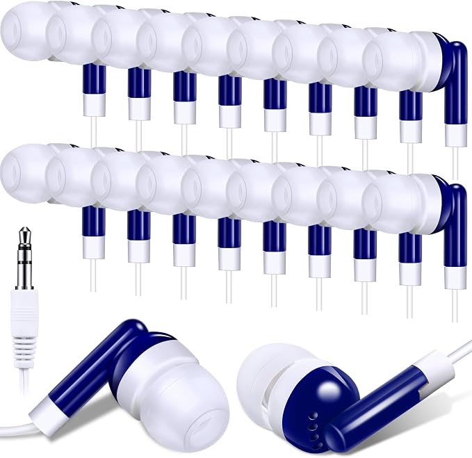 Konohan 100 Packs Bulk Earbuds with Wire Earphones Classroom Wired Headphones for Students Headphones Individually Bagged, 8 Colors Ear Buds Bulk for Classroom School Library (Blue)