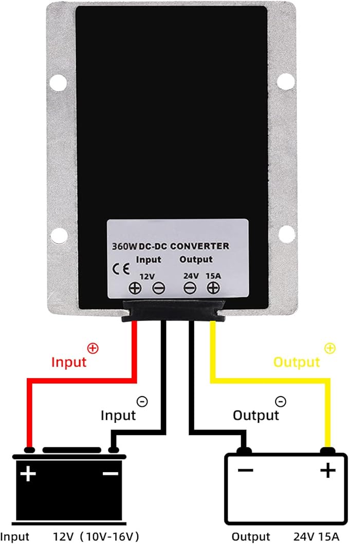 DC 12V-24V 15A 360W Voltage Booster, DC Boost Converter, Regulator Power Supply, Waterproof for Vehicle, Boat, Electric Bike