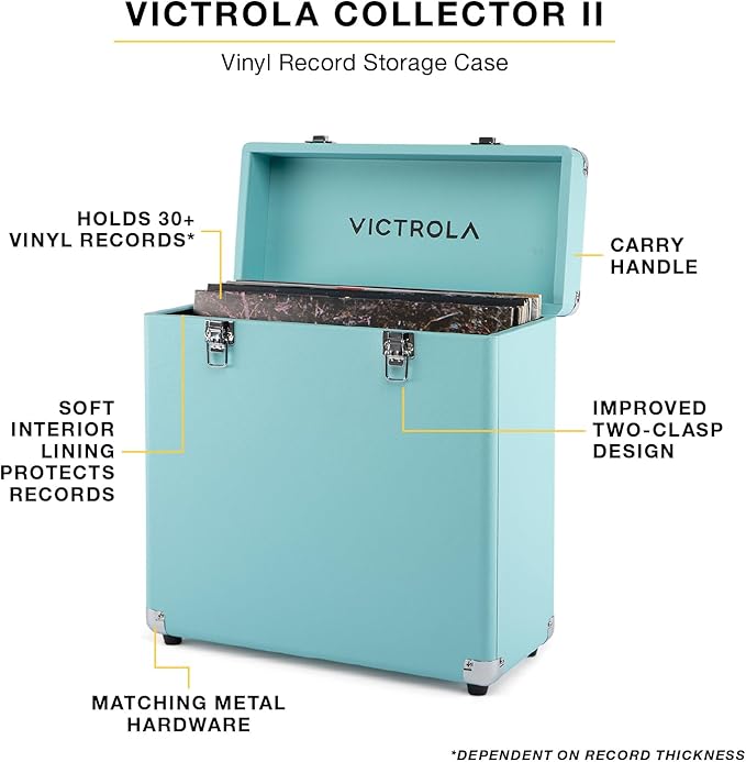 Victrola Collector II (2026 Model) – Vinyl Record Storage Case – Hold 30+ Vinyl Turntable Records, Heavy-Duty Hardware, Soft Interior Lining, Portable Box with Carry Handle (Turquoise)