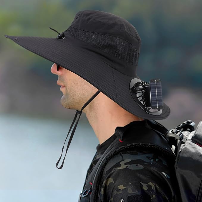Outdoor Solar Powered Fan Hat for Men Women Breathable Wide Brim Hat with 2 Fans UPF 50+ Fishing Hat Beach Bucket Sun Hat