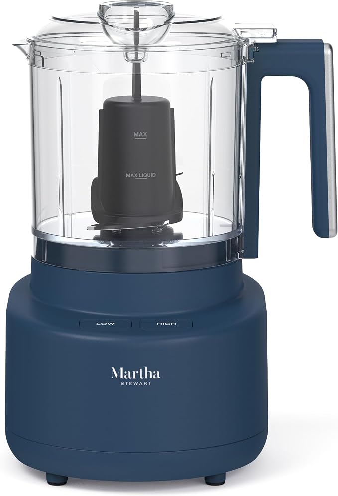 Martha Stewart 3 Cup Electric Food Chopper, Vegetable & Herb Mini Food Processor, 24oz BPA-Free Bowl, Stainless Steel Blades, Pour Spout, Dicing, Mincing, Chop & Puree, Dishwasher Safe, Indigo Blue