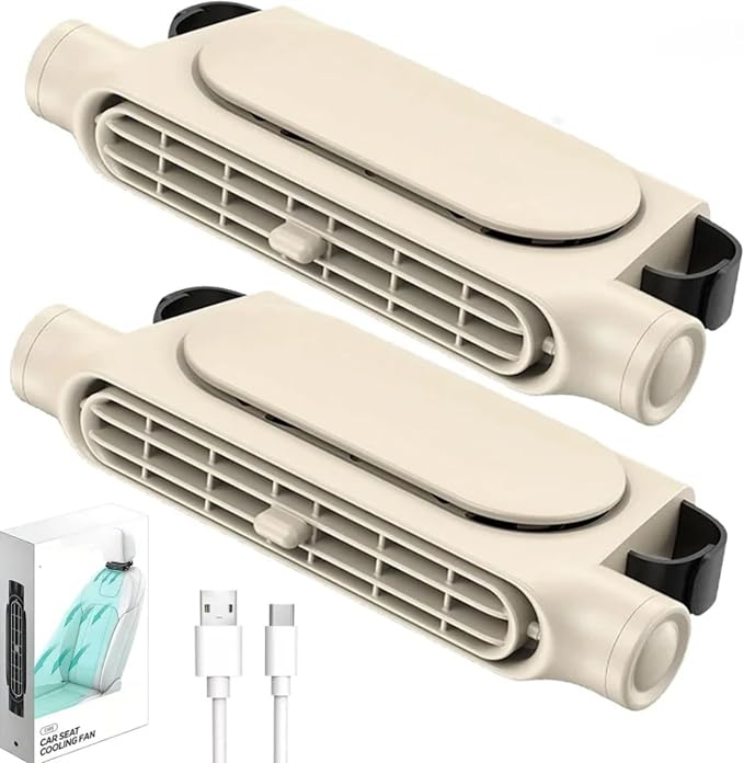 2PCS Car Seat Fan, Portable Car Fans for Backseat for Kids, USB Rechargeable Backseat Neck Cooling Air Conditioner Cooler Vent Clip on Fan with 3 Adjustable Wind Speeds Device for All Cars-Beige