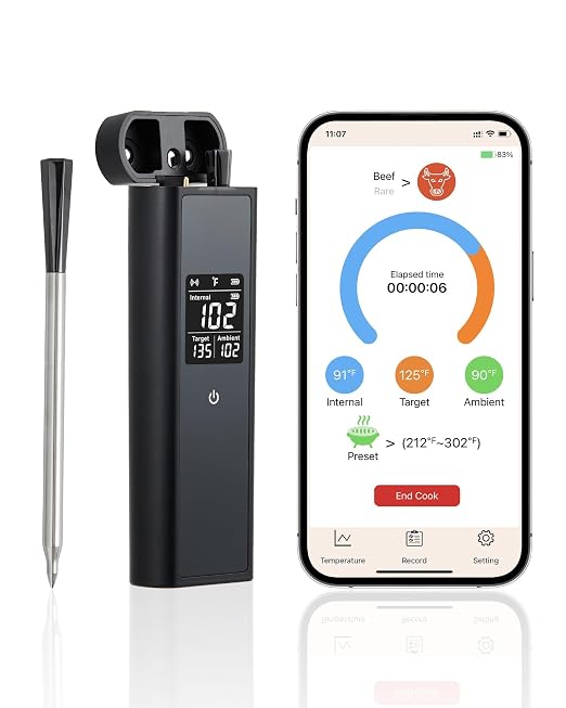 Garvee Smart Bluetooth Wireless Meat Thermometer, Long-Range Food Thermometer with Wireless Probe, Standalone Display Base, Dual Sensors, Perfect for BBQ, Oven, Smoker, Grill
