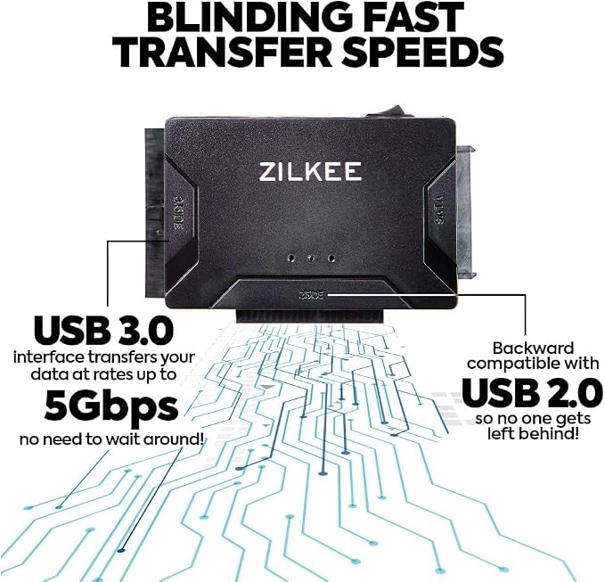 ZILKEE SATA/IDE to USB 3.0 Hard Drive Adapter - Universal Converter for 2.5”/3.5” IDE & SATA HDD/SSD, External Drive Reader with 12V Power Supply, Supports up to 6TB