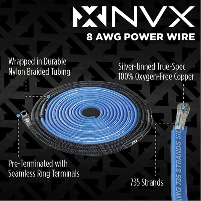 NVX True 8 Gauge AWG 100% OFC Complete Amplifier Wiring Kit with 2-Channel RCA Cable - XKIT82