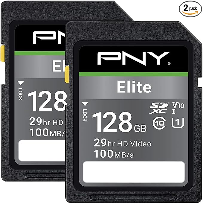 PNY 128GB Elite Class 10 U1 V10 SDXC Flash Memory Card 2-Pack - 100MB/s Read, Class 10, U1, V10, Full HD, UHS-I, Full Size SD