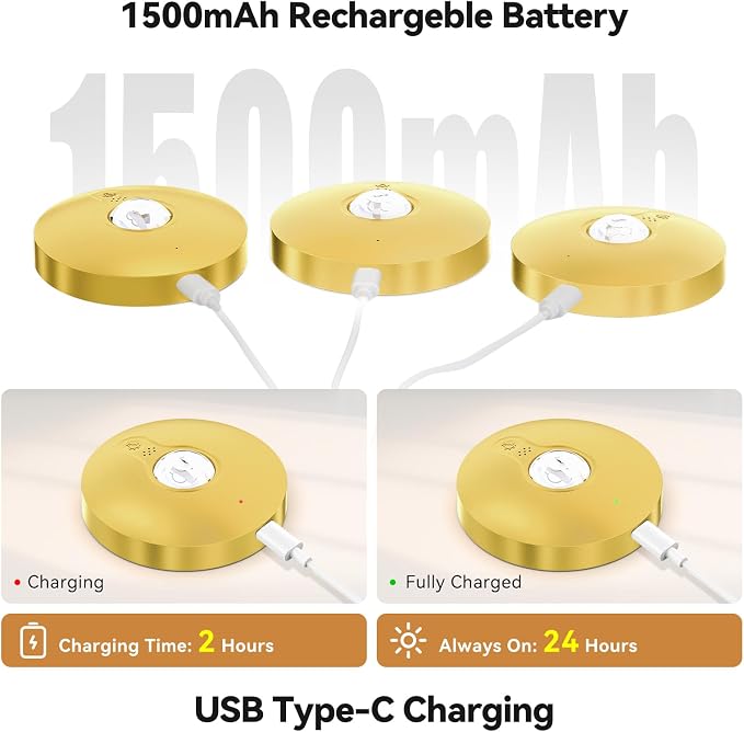 Rechargeable Puck Lights with Remote, 12 Pack Magnetic Under Cabinet Lighting, 1500mAh Battery Operated LED Tap Lights with Dimmer & Timmer for Kitchen, Closet, Shelf - 3 Color Temps & 12 RGB, Gold