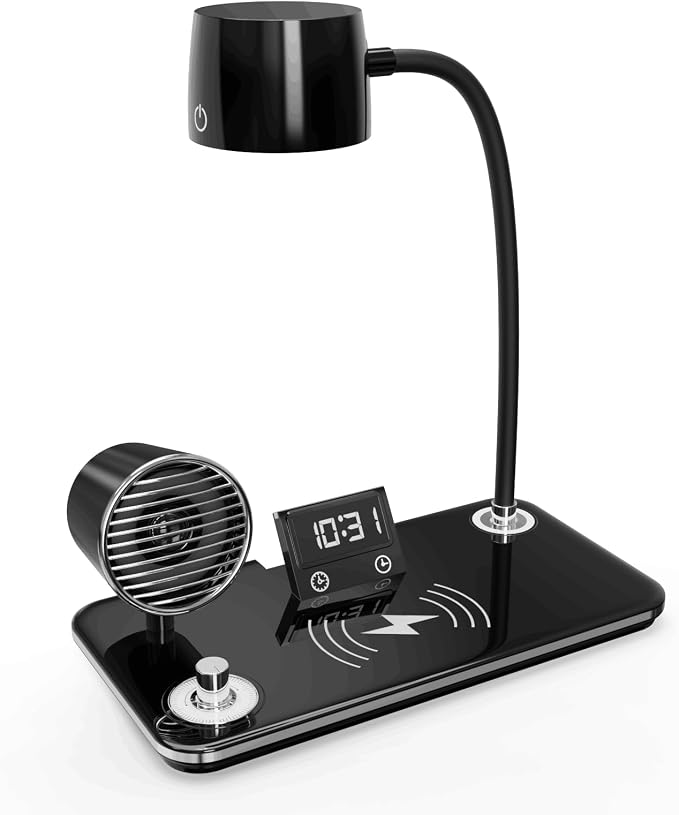 LED Desk Lamp for Home Office, 4-in-1 Modern Desk Light with 15W Wireless Charger, Bluetooth Speaker & Digital Clock, 3 Color Modes Eye-Caring Study Reading Lamp, Flexible Gooseneck, Black