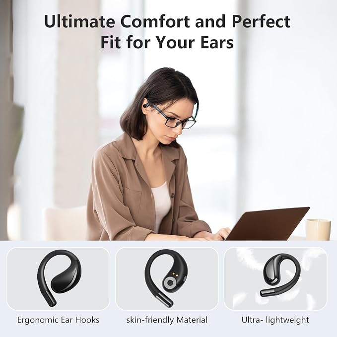 Open Ear Clip Wireless Earbuds Bone Conduction Headphones, Bluetooth 5.4, Conduction Headphones with 60Hrs Stereo Sound, Open Ear Design for Running Fitness,Built-in Mic,LED Display Charging Case