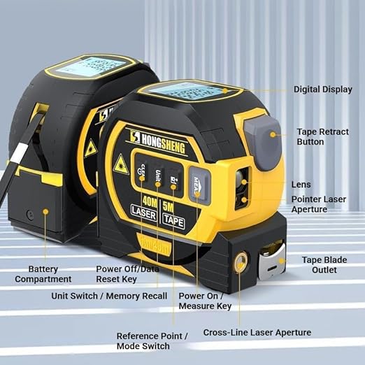 5m/16ft Digital Laser Tape Measure, WTWD 100m/328ft Laser Distance Measure with Cross-Line Laser Level, Area/Volume Calculator, Battery Powered, Voice Output, Backlit LCD, ft/in/m for Construction