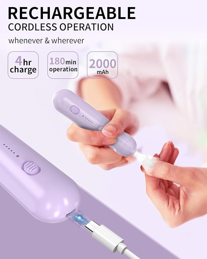 Cordless Electric Nail File Set, Rechargeable Pedicure Tools for feet, Professional Manicure Pedicure Kit 5 Speeds Hand Foot Care Nail Drill for Thick Nail Toenail Cuticle Women Men Pets, Oil-Purple