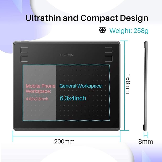 Drawing Tablet HUION HS64 Beginner Graphics OSU Tablet with Battery-Free Stylus 8192 Pressure Sensitive for Digital Art, Painting & Design, Compatible with Windows, Mac, Android & Linux Black