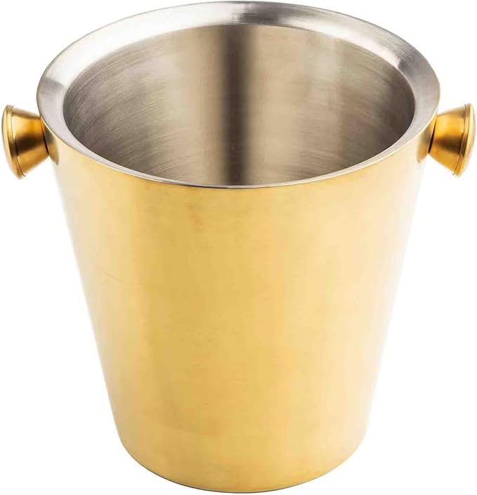 TableCraft 12931 Double Wall Wine Bucket with Knob Handles, 5 Quart Brushed Gold Stainless Steel Champagne Bucket, PVD Finish, Tapered Modern Design, Insulated Chilling Bucket for Bar or Tabletop