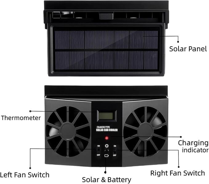 Solar Powered Car Fan, Window Exhaust, Air Vent Radiator, Energy Cooling for Car Backseat or Frontseat, Vehicle Ventilation Fan