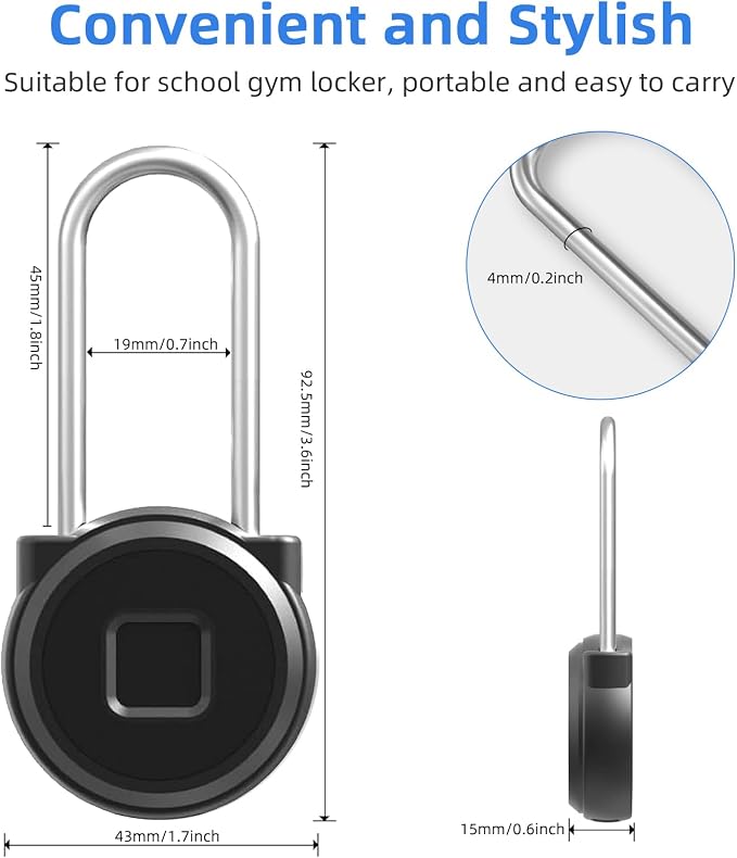 Fingerprint Padlock eLinkSmart Long Padlock with 45MM Shackle Phone App Bluetooth Weatherproof Combination Locker Lock for Gym Locker Locker Backpack Suitcase Luggage Black