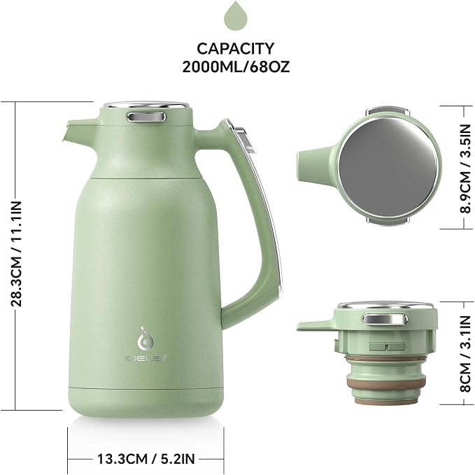 IDEUS Thermal Coffee Carafe, Stainless Steel Double Wall Insulated Vacuum Flask, Water Jug Coffee Server and Beverage Dispenser, Heat and Cold Retention (Avocado, 68, Fluid Ounces)