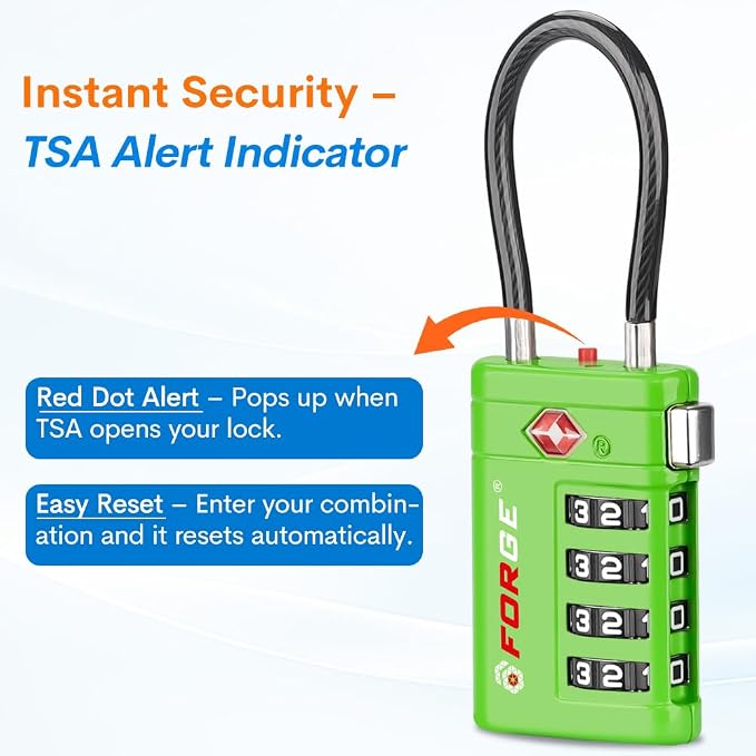 Forge TSA Approved Luggage Locks 4 Digit Combination TSA Travel Locks with TSA008, Open Alert Indicator, Zinc Alloy Body for Luggage, Suitcase, Backpack, and More. 4 Locks.