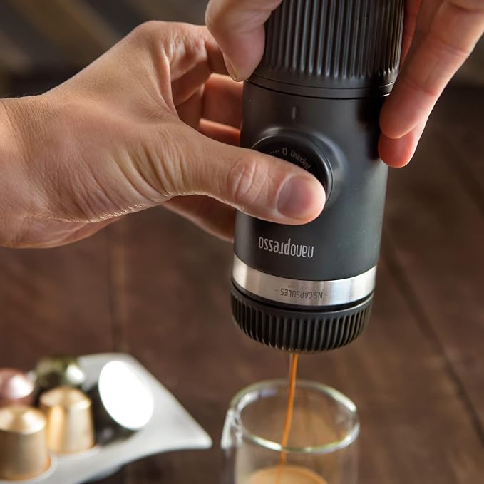 WACACO Nanopresso Portable Espresso Maker Bundled with NS Adapter, Compatible with NS Capsules and Ground Coffee, Compact Size 2.44"x2.8"x6.65", Manually Travel Coffee Machine Set, Perfect for Camping
