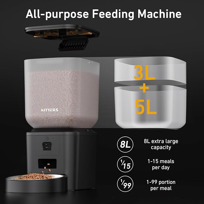 Automatic Dog & Cat Feeder with Camera & WiFi – 8L/34 Cups, 1080P Night Vision, 2.4 & 5G WiFi, 2-Way Talk, 10s Voice Recording, Timed Food Dispenser, Up to 99 Portions, 15 Meals Per Day