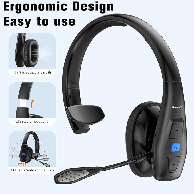Conambo Bluetooth Headset V5.1, Trucker Bluetooth Headset with CVC8.0 Dual Mic Noise Canceling & Mute Button & 60 Hrs Workingtime Wireless On-Ear Headphones for Trucker Home Office Work Cell Phones