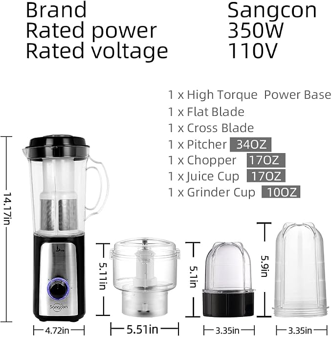SANGCON 5 in 1 Blender and Food Processor Combo for Kitchen, Small Electric Food Chopper for Meat and Vegetable, 350W High Speed Blenders with 2 Speeds and Pulse for Smoothies and Shakes
