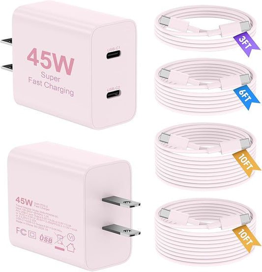 Super Fast Samsung Charger Type C, 2Pack 45W Dual Port USB C Fast Charger Block with Long 60W 3/6/10/10FT USB C to C Cable for Samsung Galaxy S25/S25 Ultra/S25+/S24 Ultra /S24/S24+/S26/iPhone 17-Pink
