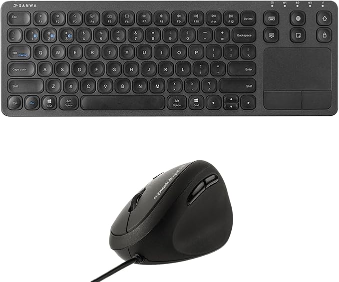 SANWA Multi Device Bluetooth Keyboard with Touchpad and ERG16 Wired Ergonomic Mouse, Rechargeable Keyboard and Vertical Mouse, 1000/1600 DPI, Compatible with Mac, PC, Laptop, Windows, Black