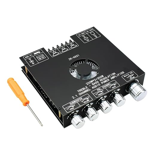ZK-AS21 TPA3255 Bluetooth 5.1 Power Amplifier Board HiFi 2.1 Channel 220Wx2+350W Digital Audio Receiver AMP Board with Treble and Bass Control for DIY Speakers