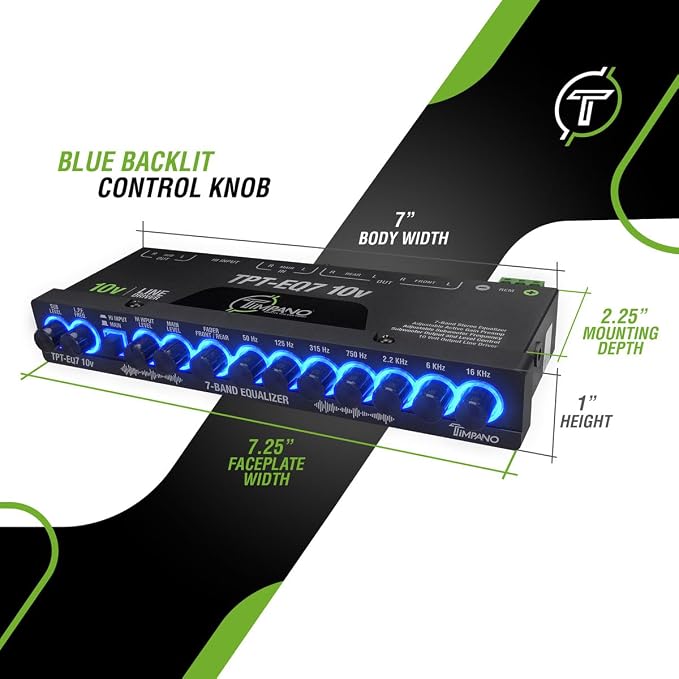 Timpano 7 band equalizer TPT-EQ7 10V High Voltage Line Driver 6 Channel RCA Output and Subwoofer Control and Crossover 1/2 Din Graphic Car Audio Eq with High Level Input