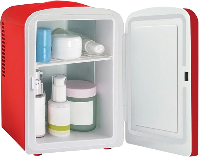 ELLE Multi Purpose 4L Mini Fridge Cooler and Warmer with Cool and Warm Function Removable Shelf Carrying Handle AC DC Power Options for Car Office Bedroom 6 Can Capacity Red