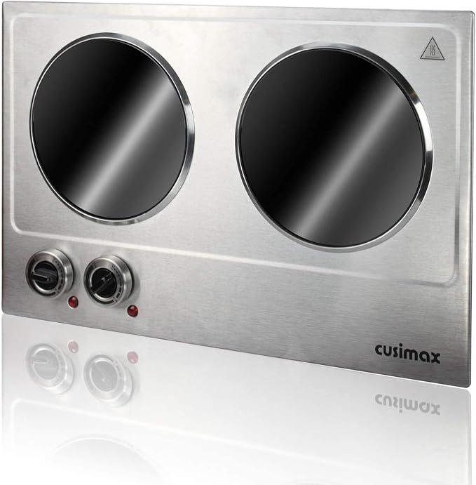 Double Burner, CUSIMAX 1800W Ceramic Electric Hot Plate for Cooking, Dual Control Infrared Cooktop, Portable Countertop Burner, Glass Plate Electric Cooktop, Silver, Stainless Steel-Upgraded Version