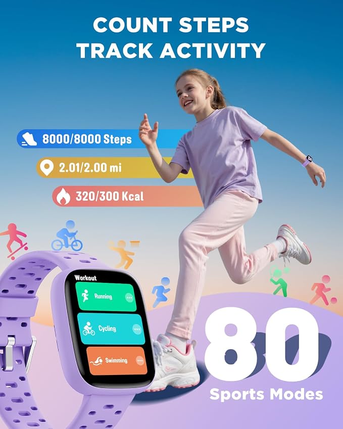 BIGGERFIVE Kids Watch No Phone Needed, 1.8" Amoled Smart Fitness Watch Pedometer, Heart Rate, Sleep Tracker, 30m Waterproof, Step Counter, Puzzle Games, 100+ Dials, Gifts for Girls 5-16, Lilac