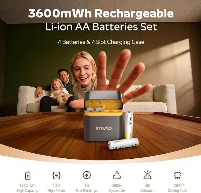 imuto for Meta Quest 2/3/3S Controller Accessories Rechargeable aa Batteries with Charger, 3600mWh aa Lithium Batteries 4 Pack, 4 Slot Storage case Lithium Battery Charger, 1.5V 2A Output