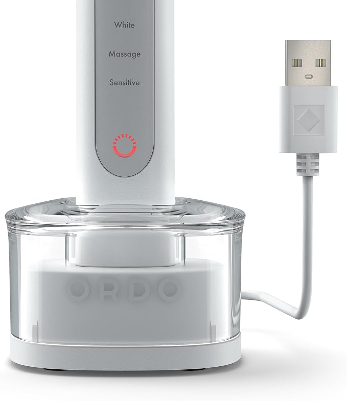 ORDO Sonic+ Electric Toothbrush with Case, Sonic Toothbrushes for Adults, Charging Travel Case, 4 Brushing Modes, Fast Rechargeable Battery, Silicone Polishing, USB Charger, White