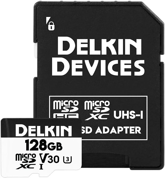 Delkin Devices Drone 128GB microSD Card UHS-I U3 V30 A2 – 190MB/s Read, 155MB/s Write – Designed for Drones, 4K UHD Video, DJI Compatible, microSDXC with Adapter (128GB)