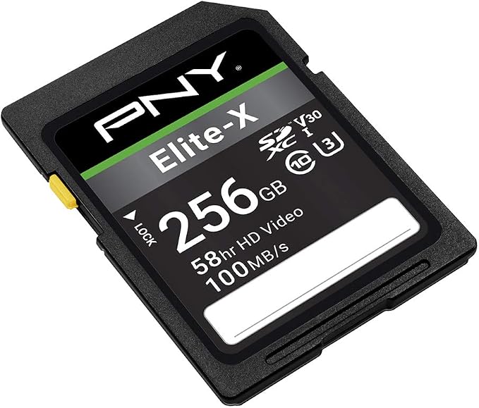 PNY 256GB Elite-X Class 10 U3 V30 SDXC Flash Memory Card - 100MB/s, Class 10, U3, V30, 4K UHD, Full HD, UHS-I, Full Size SD (Pack of 1)