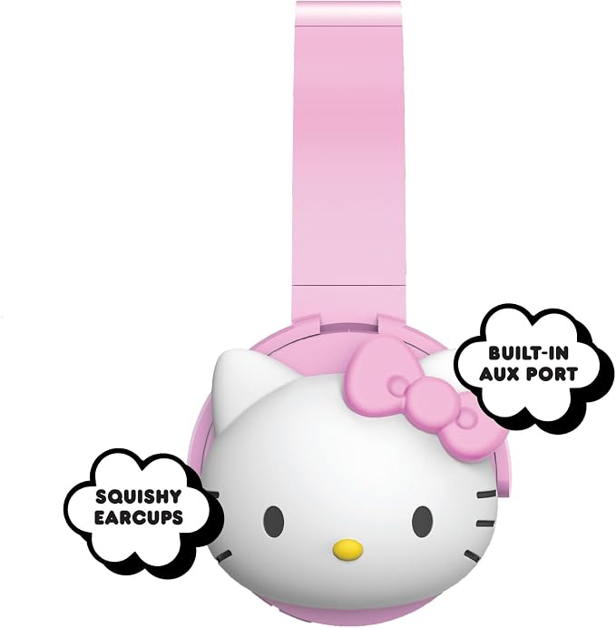 Hello Kitty 2-in-1 Wireless Bluetooth Headphones with Wired Earbuds – Foldable Over-Ear Headset with Built-in Mic, AUX Cable, Adjustable Headband, and Onboard Controls – Pink