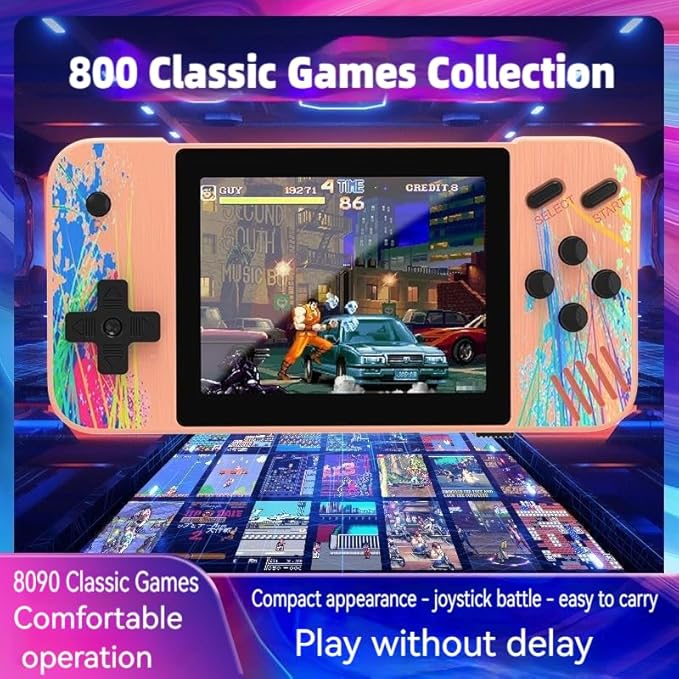 Retro Handheld Game Console, 3.5-inch HD Screen, 800 Classic Games, Single Player or 2-Person Game Mode, Retro Gaming Console，Grey/Pink (Grey)