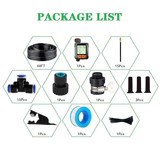 66FT Drip Irrigation Kit, Automatic Garden Watering System with Tool-Free Quick Connectors, 360° Bending Droppers & Copper Misting Nozzles for Greenhouse, Patio, Lawn & Vegetable Garden. (20M)