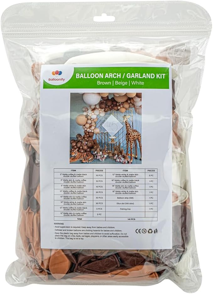 Restaurantware-Balloonify Balloon Garland Set, 1 Party Decoration Kit - 138 Pcs, With Chain, Brown, Beige, & White Latex Balloon Arch Kit, Includes Glue Dots, And Fishing Line