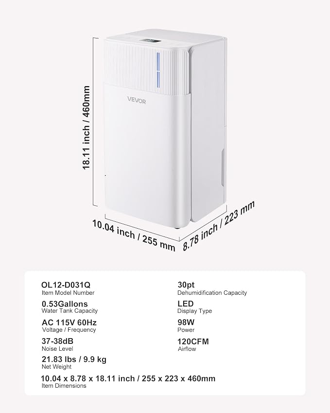 VEVOR 30 Pints Dehumidifier for Home & Basement, 1500 Sq.Ft Large CoverageDrain Hose for Commercial & Industrial Use, Smart Humidity Control, Low Noise for Large Rooms, Warehouses, Bedrooms & Storage