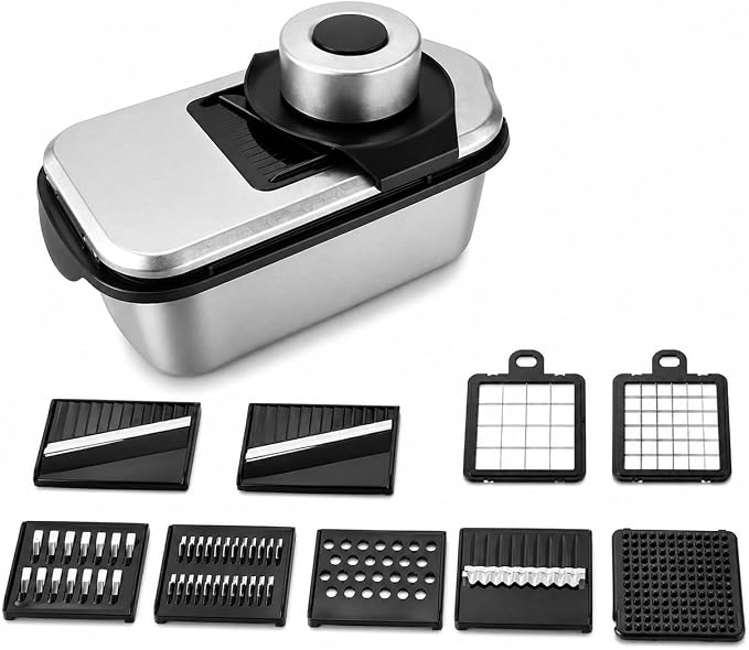Vegetable Chopper, Stainless Steel Food Dicer Cutter and Mandoline Slicer with Drain Holes and Storage Container, Dishwasher Safe Food Chopper for Onion, Potato, Cucumber, Carrot and More